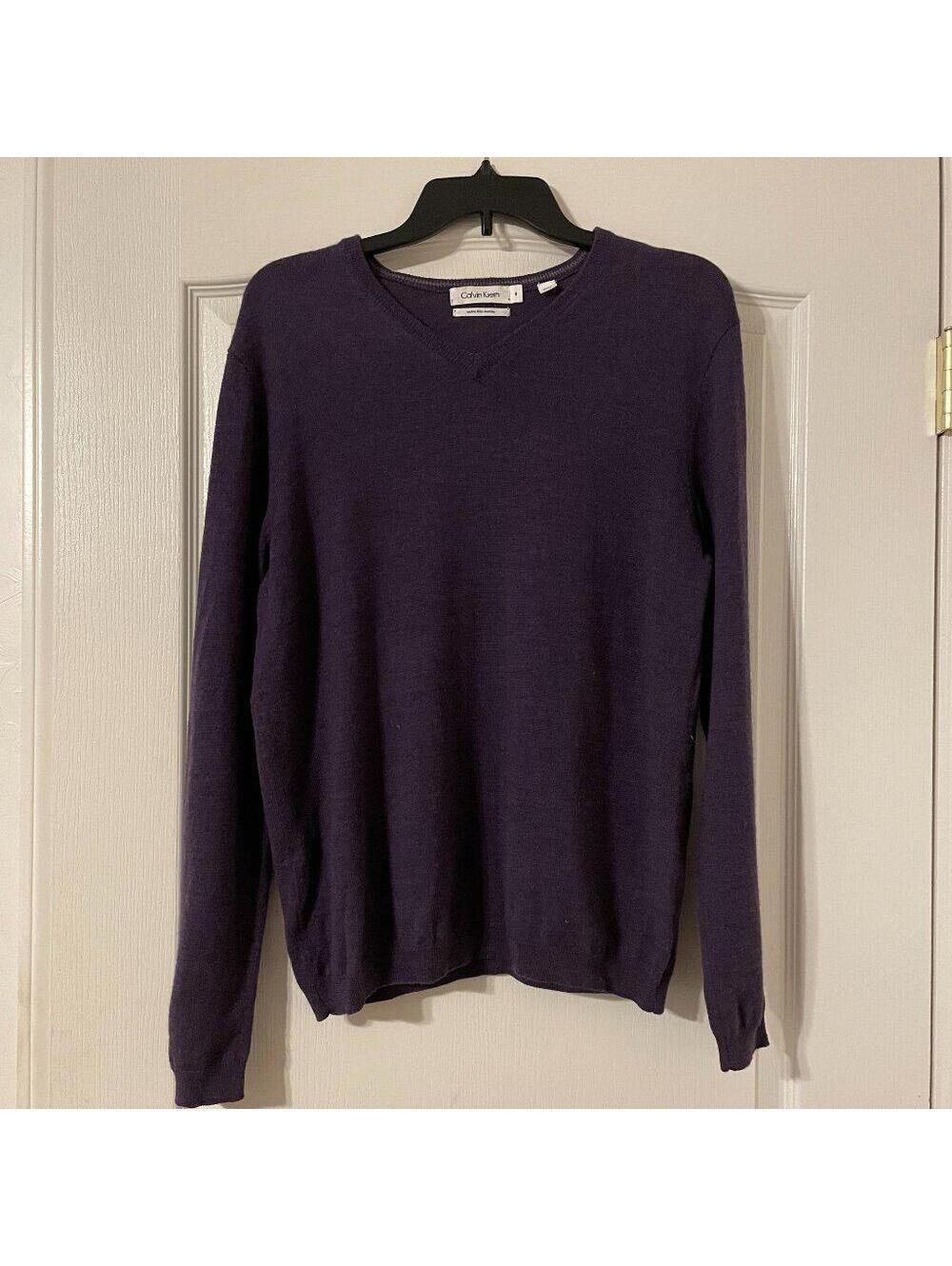 Calvin Klein 100% Merino Wool Purple V Neck Classic Sweater